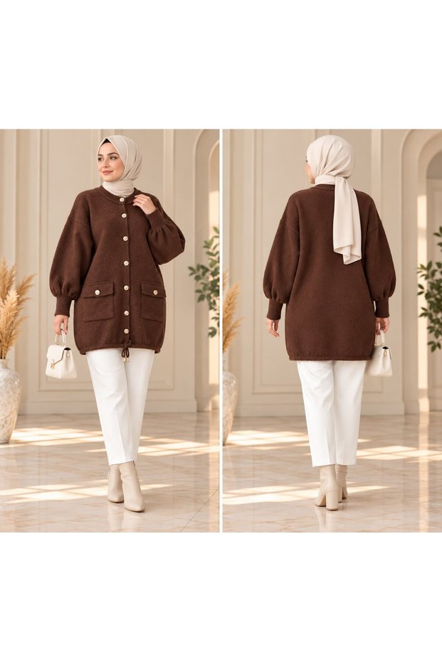 Women's hijab lina gold button detailed six pleated pants cardigan brown
