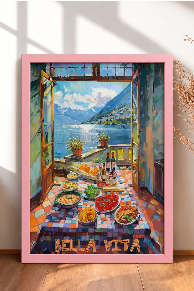 Bella Vita Written Lake View Table Framed Painting Italy Poster Wall Decor Itp016