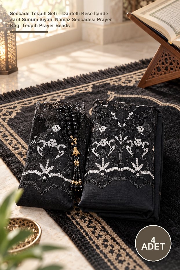 4-Piece Prayer Rug and Rosary Set – Elegant Presentation in a Lace Pouch Black, Prayer Rug, Rosary Prayer Beads