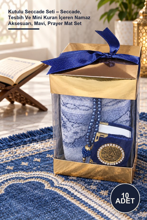 10-Piece Boxed Prayer Rug Set – Prayer Accessory Including Prayer Rug, Prayer Beads, and Mini Quran, Blue, Prayer Mat Set