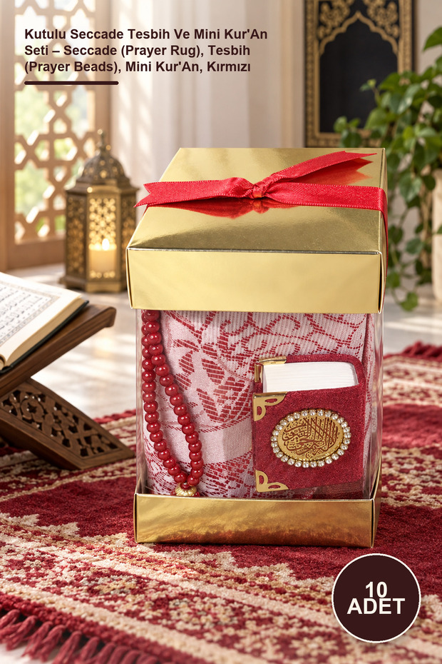 10-Piece Boxed Prayer Rug, Prayer Beads, and Mini Quran Set – Prayer Rug, Prayer Beads, Mini Quran, Red