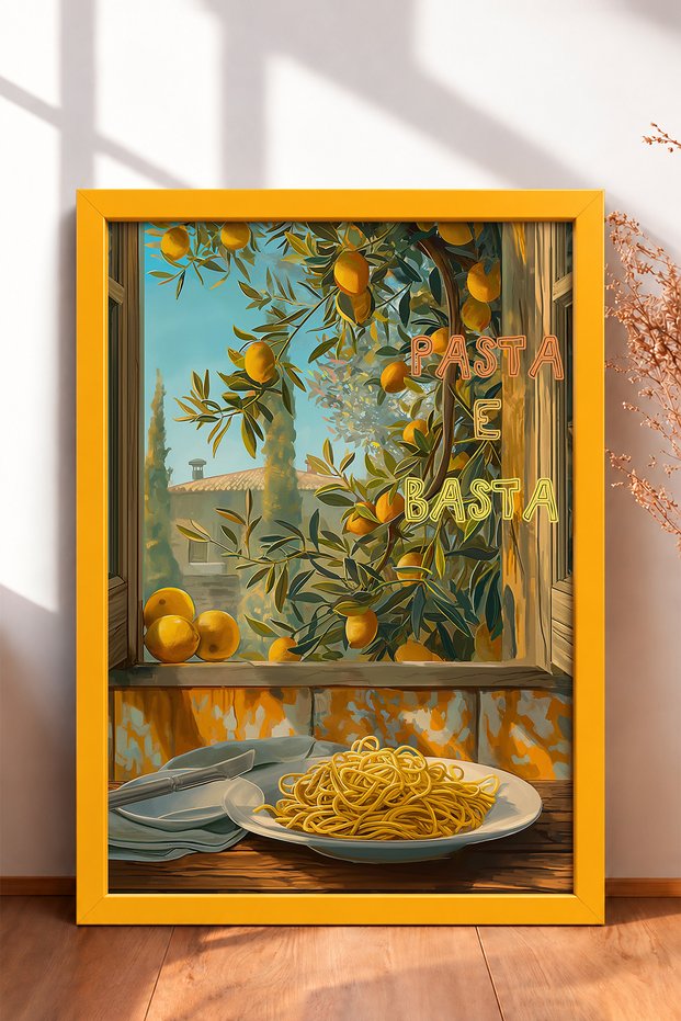 Pasta E Basta Lemon in Window Spaghetti Framed Painting Italy Poster Wall Decor Itp024