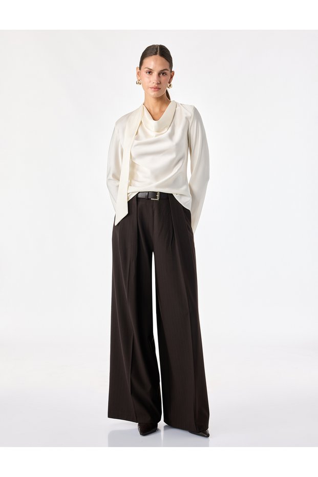 Asymmetrical Tie-Up Collar Long Sleeve Satin Blouse
