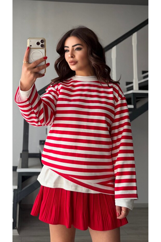 Red and White Striped Crew Neck Blouse