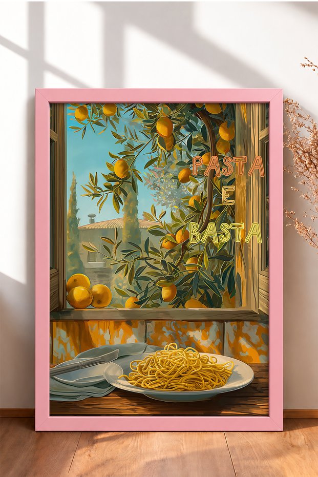 Pasta E Basta Lemon in Window Spaghetti Framed Painting Italy Poster Wall Decor Itp024