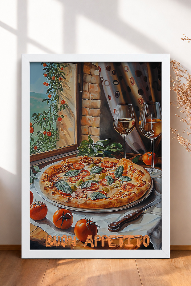 Buon Appetito Written Pizza and White Wine Framed Painting Italy Poster Wall Decor Itp028