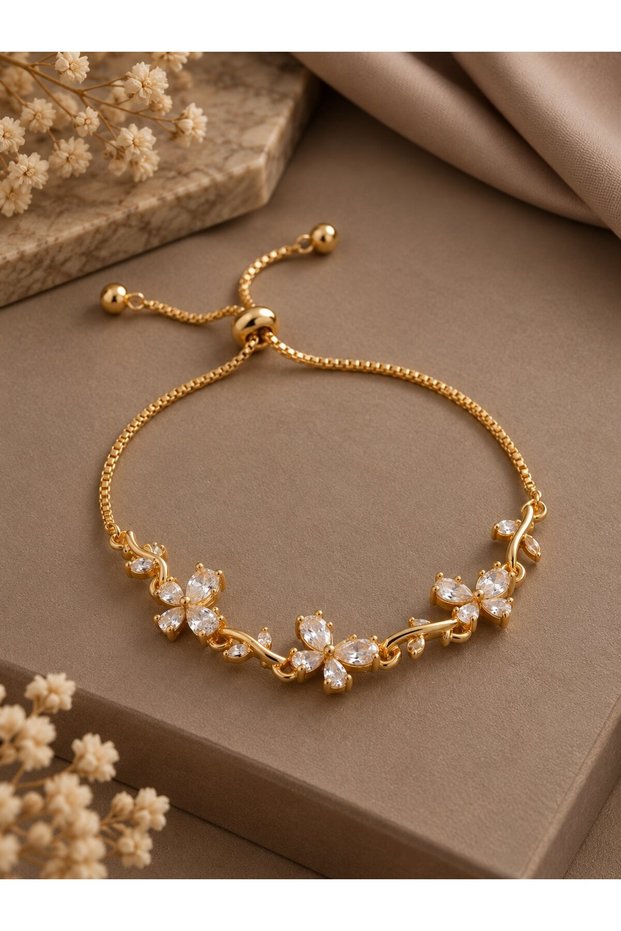 Ivy Flower Model Gold Color Zircon Stone Women's Bracelet with Elevator Chain