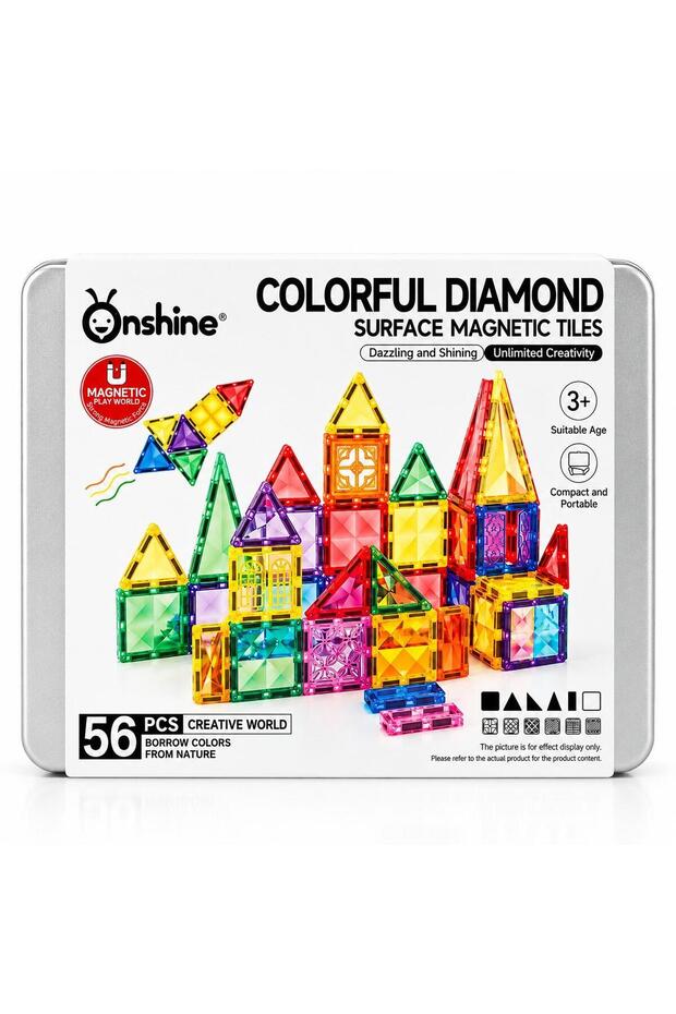 Colorful Diamond Surface Magnetic Tiles – 56-Piece Building Set with Metal Storage Case