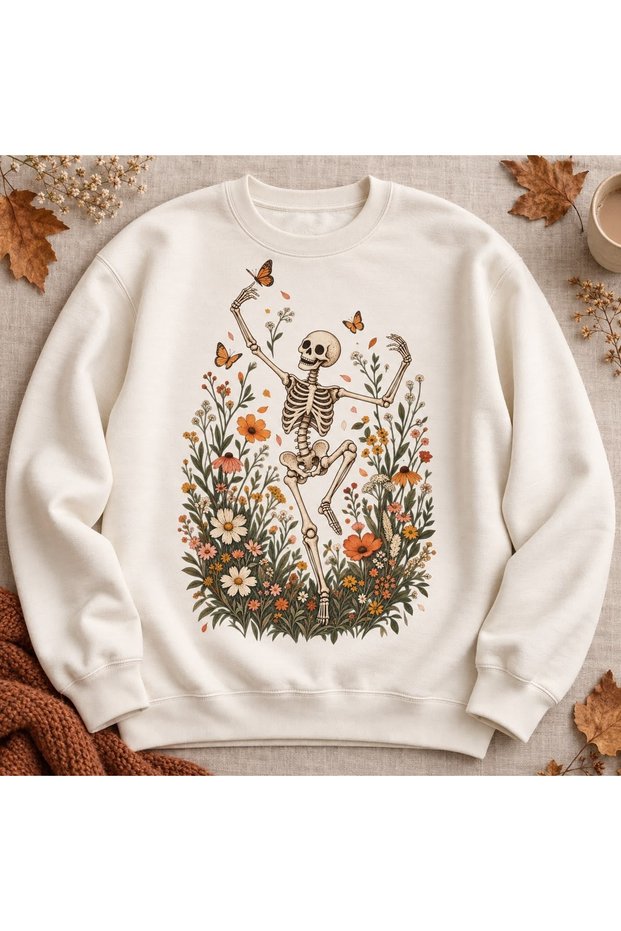 Flowers Printed Cotton 3 Thread Threaded Crew Neck Oversize Sweatshirt