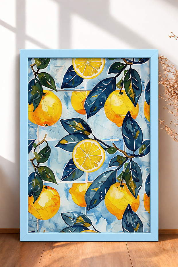 Light Blue Snowflakes Lemon Slices Framed Painting Italy Poster Living Room Kitchen Wall Decor Itp040