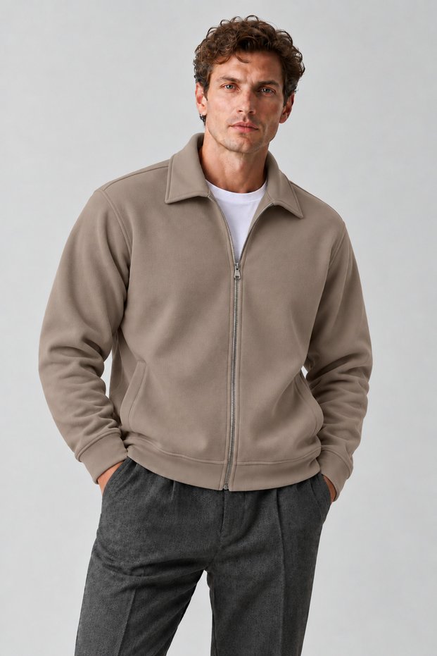 Men's Comfortable Brown Cardigan with Fleece Inside