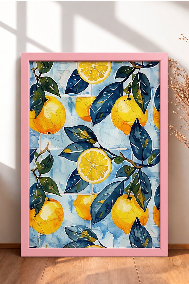Light Blue Snowflakes Lemon Slices Framed Painting Italy Poster Living Room Kitchen Wall Decor Itp040