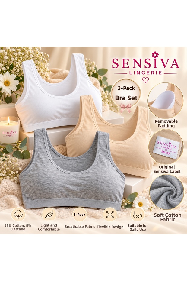 3-Piece Thick Strap Cotton Fabric with Removable Pads for Wire-Free Comfort (Pack of 3)