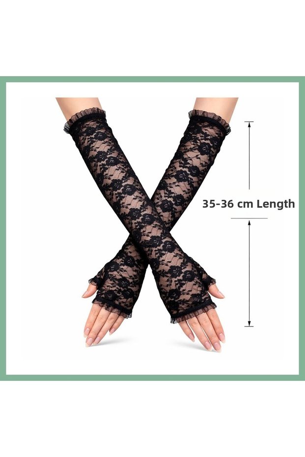 Long Elegant Lace Gloves Fingerless Black 35 cm Bsk2026
