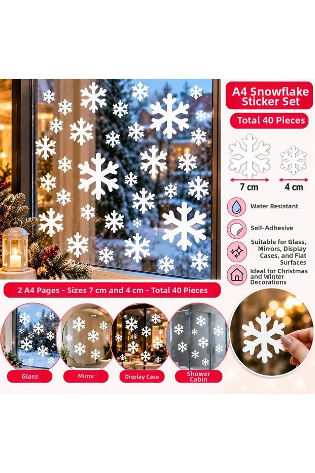 40 Pieces of White Snowflake Glass Stickers – 2 A4 Sheets – 4-7 cm New Year and Winter Decoration Labels