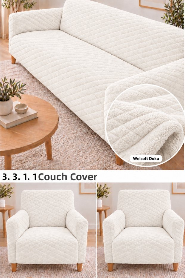 Welsoft Sofa Cover Set 3+3+1+1 – Soft Plush Sofa Cover, Diamond Patterned,