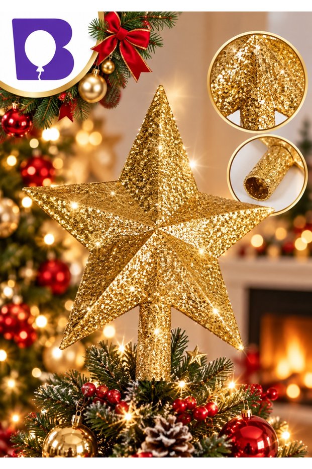 Gold Glitter Christmas Tree Top Star Ornament 3D Decorative