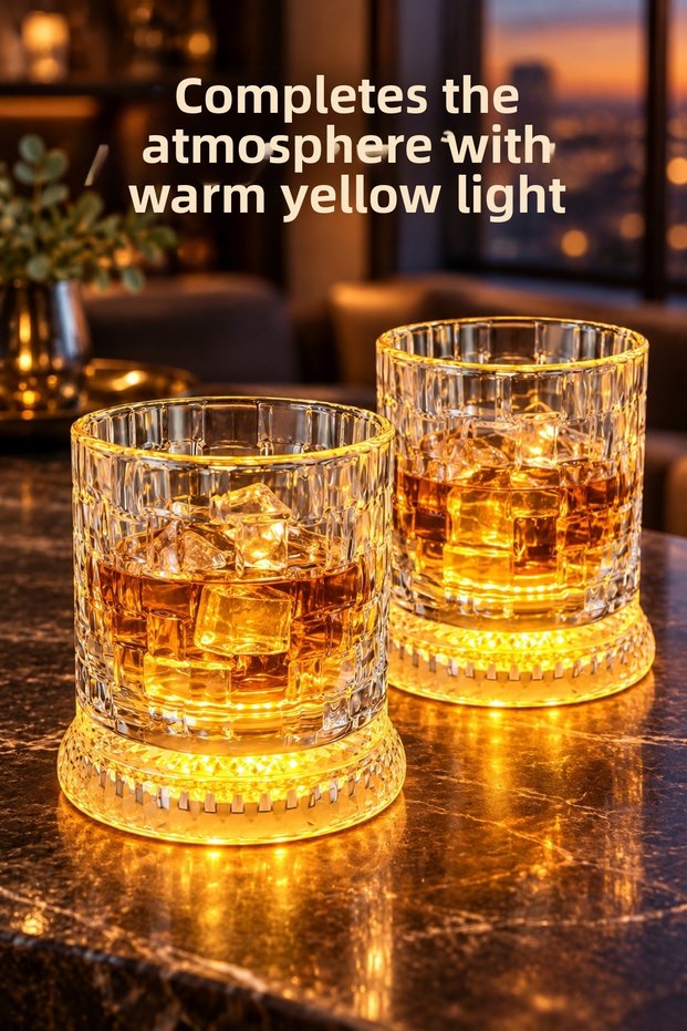 2 Pieces of Glass Whiskey Cups with Transparent Patterned Warm Yellow Led Lights