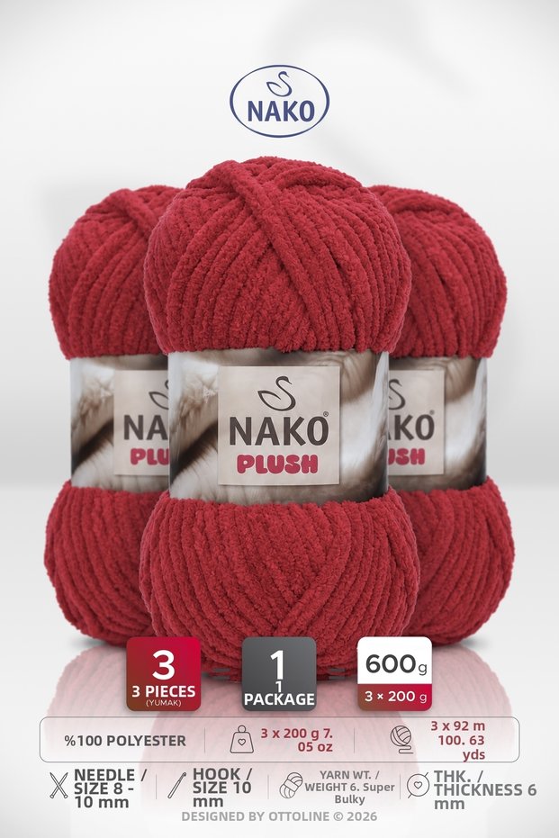 Plush • Red (14681) • 3-Pack × 200Gr/92M • Scarf, Beanie, Blanket, Home Decor Rope