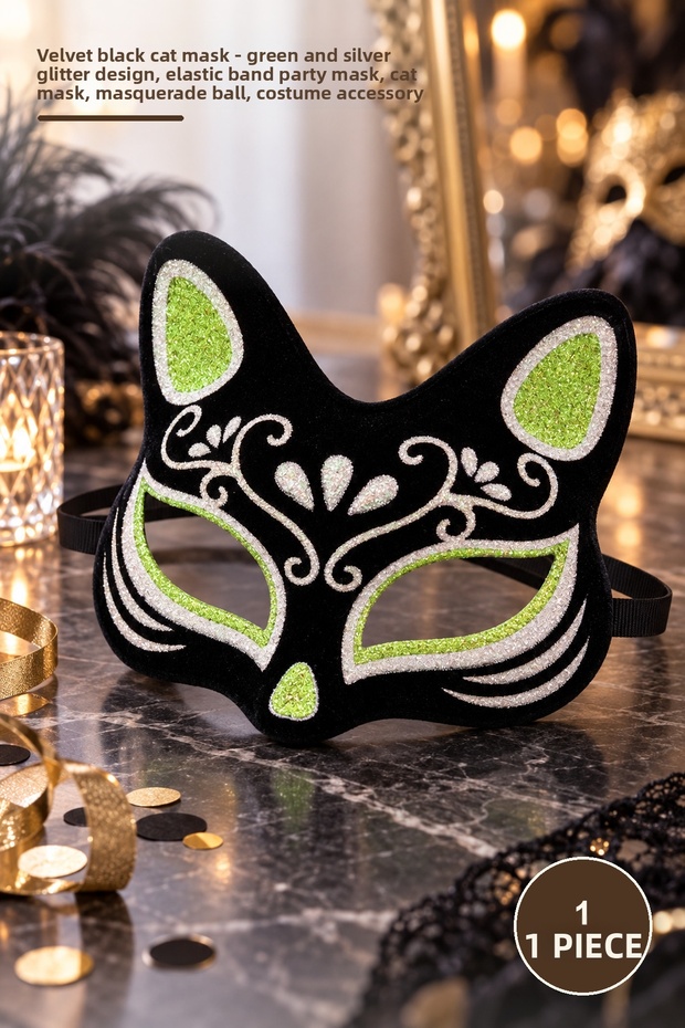 1 Piece Velvet Textured Black Cat Mask – Green Silver Glitter Design, Party Mask with Elastic Band, Cat Mask, Masquerade, Costume Accessory