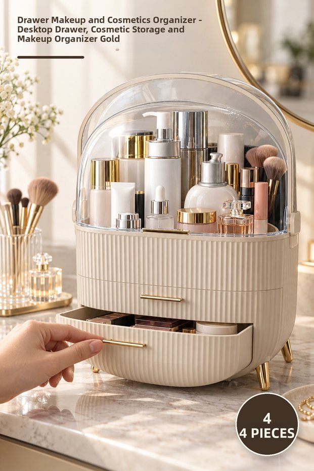 4-Piece Makeup Cosmetic Organizer with Drawers – Desktop Drawer, Cosmetic Storage and Makeup Organizer Gold