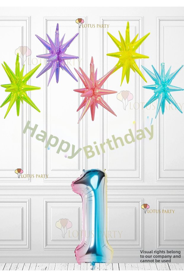 Colorful Hologram Polar Stars - Colorful Polar Stars Balloon - Macaron Happy Birthday Lettering - Rainbow Number Balloon