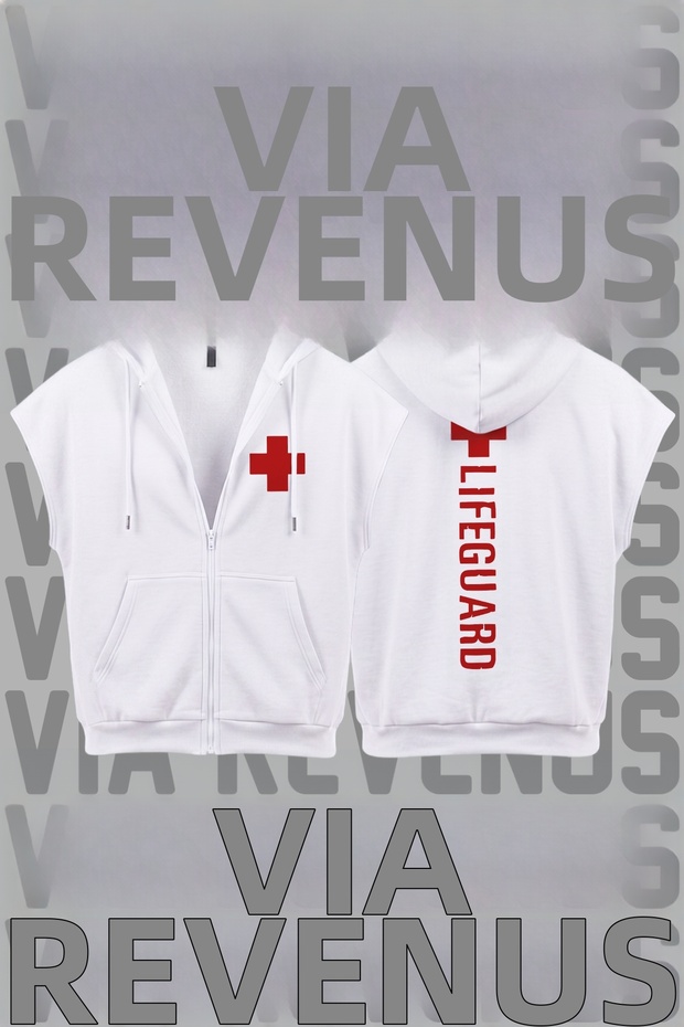 Lifeguard / Cankurtaran Printed Sleeveless Zippered Hooded Sweatshirt Wide Fit 3 Thread Threaded Sports Vest