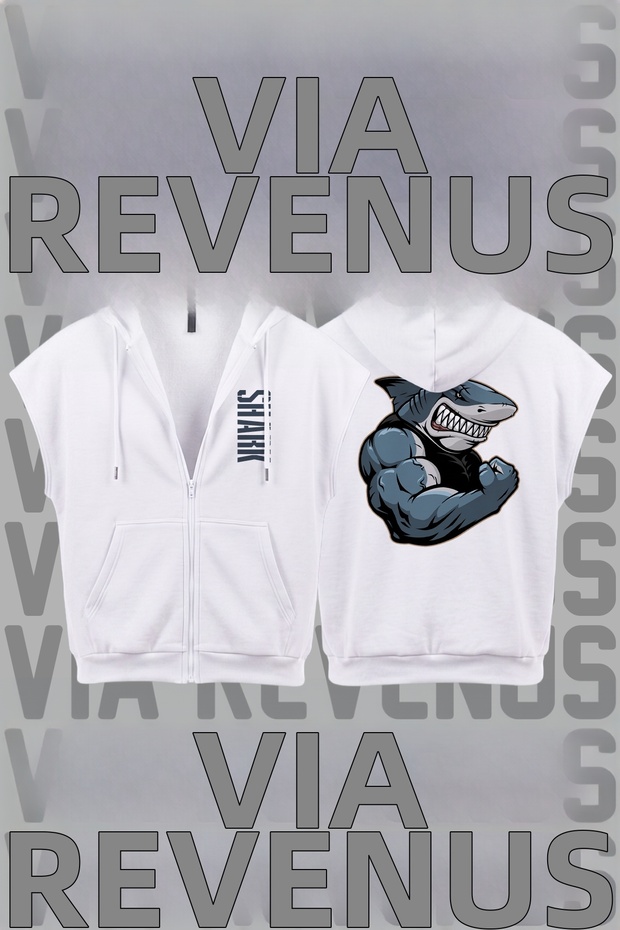 Shark Fitness Gym Printed Sleeveless Zippered Hooded Sweatshirt Wide Fit 3 Thread Raster Sports Vest