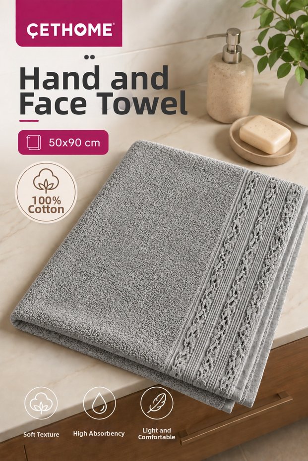 Çethome Dark Gray Color Motif Hand and Face Towel