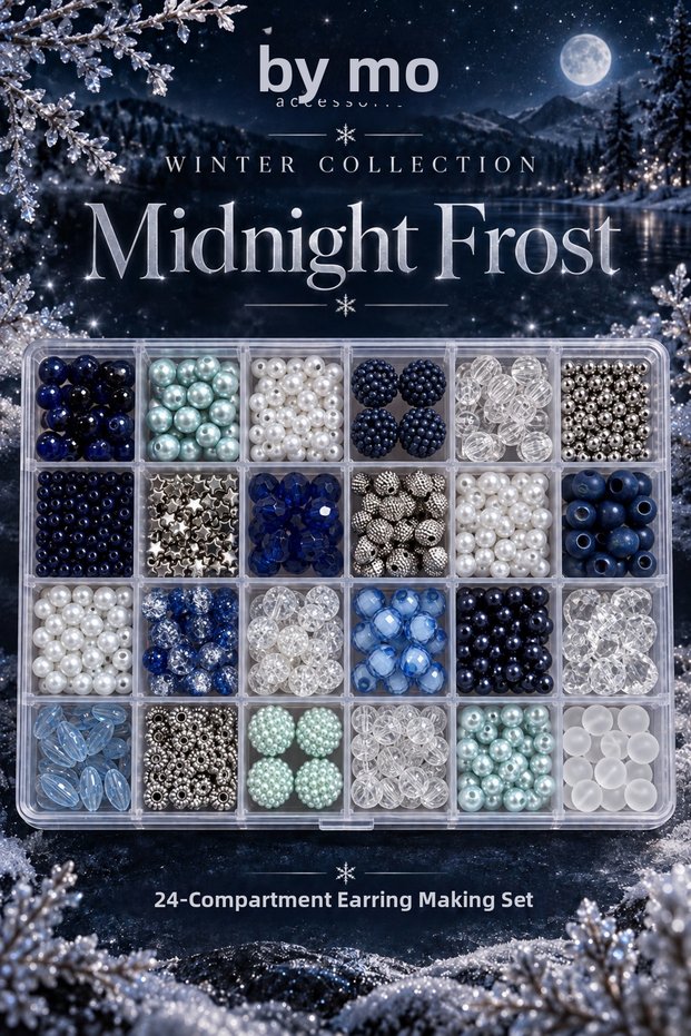 Winter collection midnight frost 24-compartment bead jewelry making kit – navy blue white pearl and crystal beaded necklace bracelet hobby set
