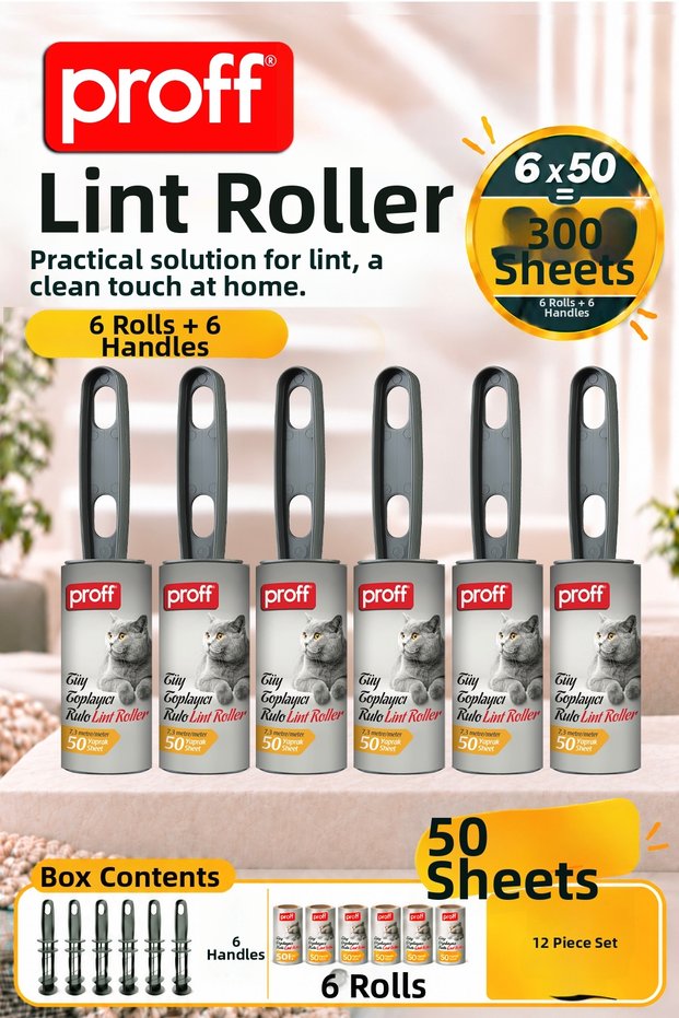 Lint Remover 12 Piece Set - 6 Handles and 6 Rolls (300 Sheets) Clothes Sofa Cat Dog Hair Cleaner