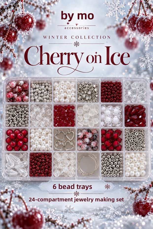 Winter collection cherry on ice 24-compartment bead jewelry making kit – red and white pearl and crystal beaded necklace, bracelet, and earring set, includes 6 earring findings