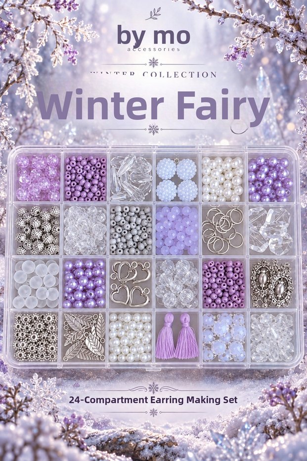 Winter collection winter fairy 24-compartment beaded jewelry making kit – lilac white pearl and crystal beaded, with leaf charm necklace bracelet hobby set
