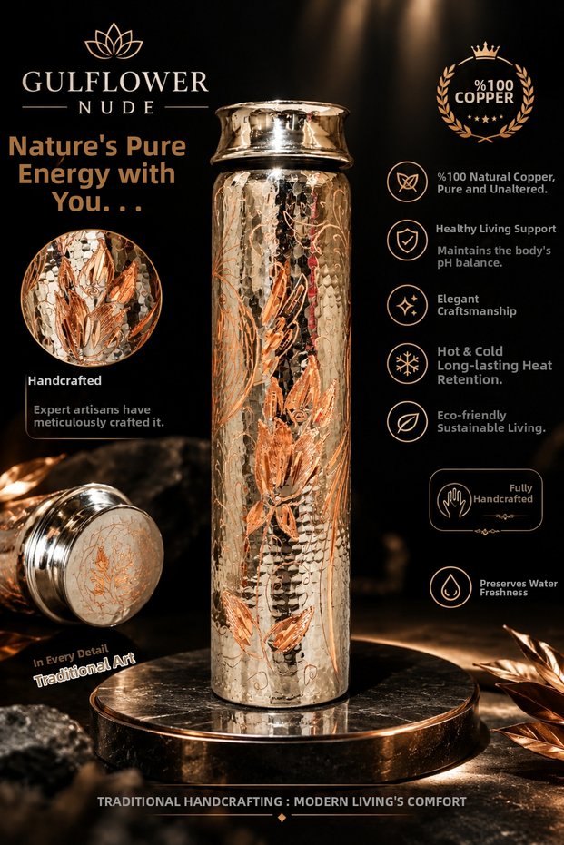 100% Pure Copper Flask with Handcrafted Design Copper Water Balance Flask Copper Water Bottle Copper Canteen Copper Water Jug Fitness Yoga Camping Health
