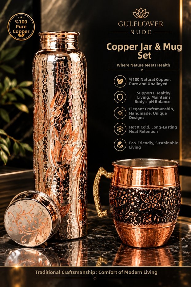 99% Pure Copper Health Healing Flask Set Handcrafted Design Copper Water Bottle Copper Health Canteen Camping Yoga Pitnes Pilates Sports Product
