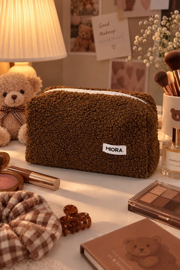 Coffee Touch Brown Teddy Makeup Bag – Stylish Zippered Cosmetic Bag