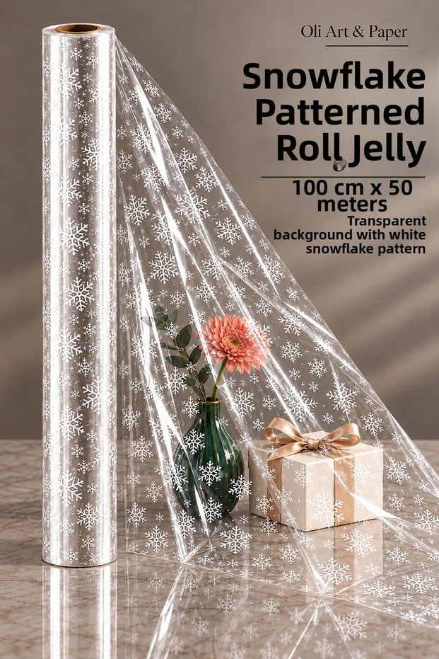 Snowflake Patterned Transparent Roll Gelatin 100 cm X 50 m Christmas Gift Packaging