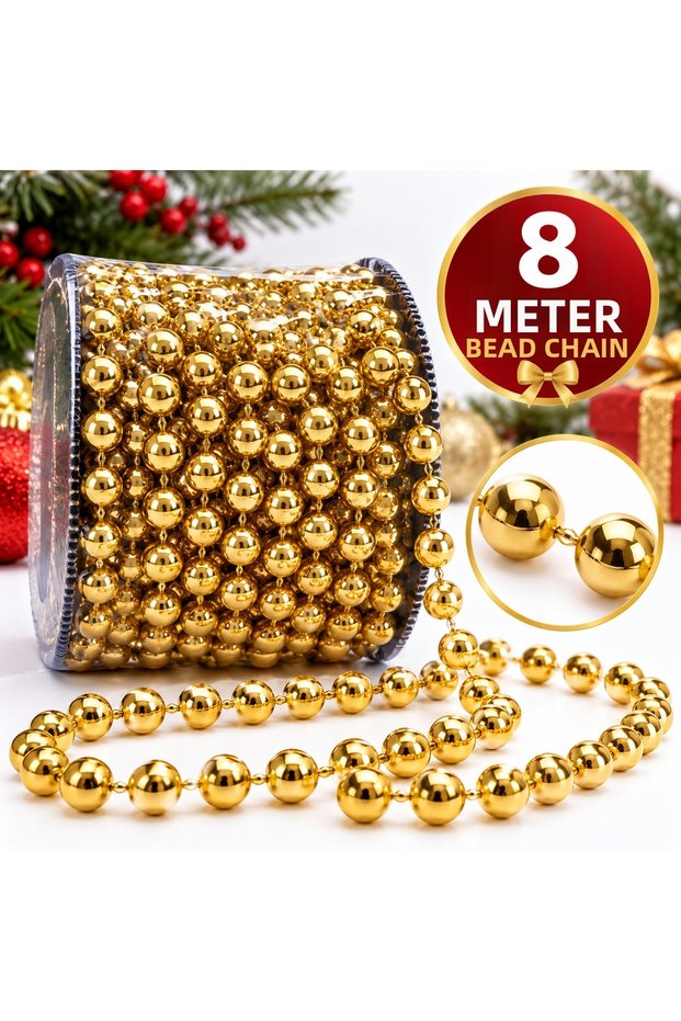 8 Meters Gold Color Christmas Bead Chain – Tree and Home Decoration Ornament