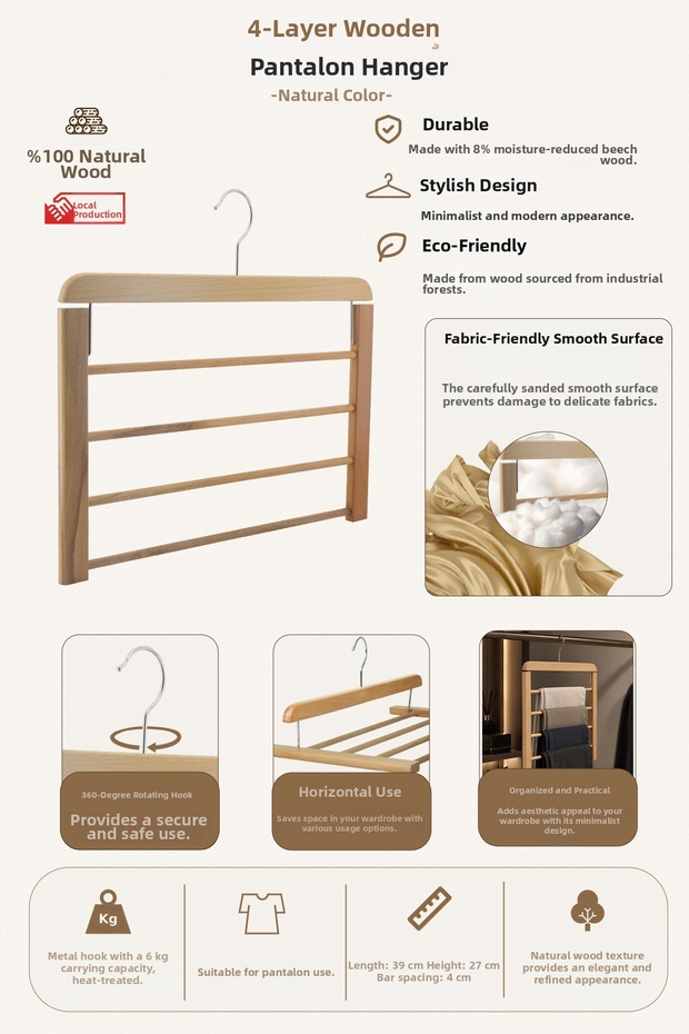 Wooden 7795 4-Tier Trouser Hanger 1 Piece