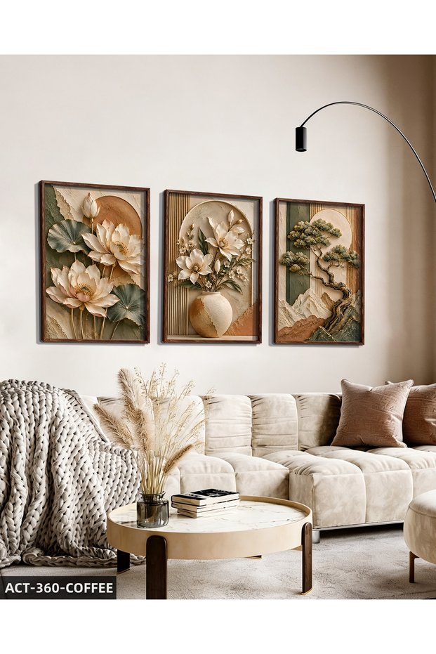 Textured Appearance Soft Tree and Flower 3 Piece Wooden Framed Painting Act