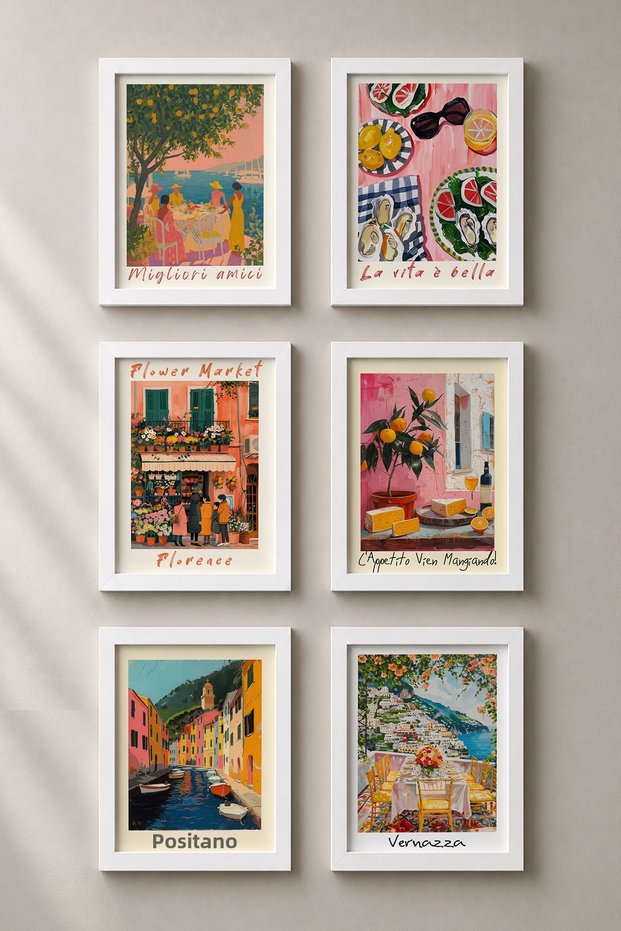 6 Piece Italian Table with Friends Framed Painting Set Italy Posters Wall Decor Sixmx21