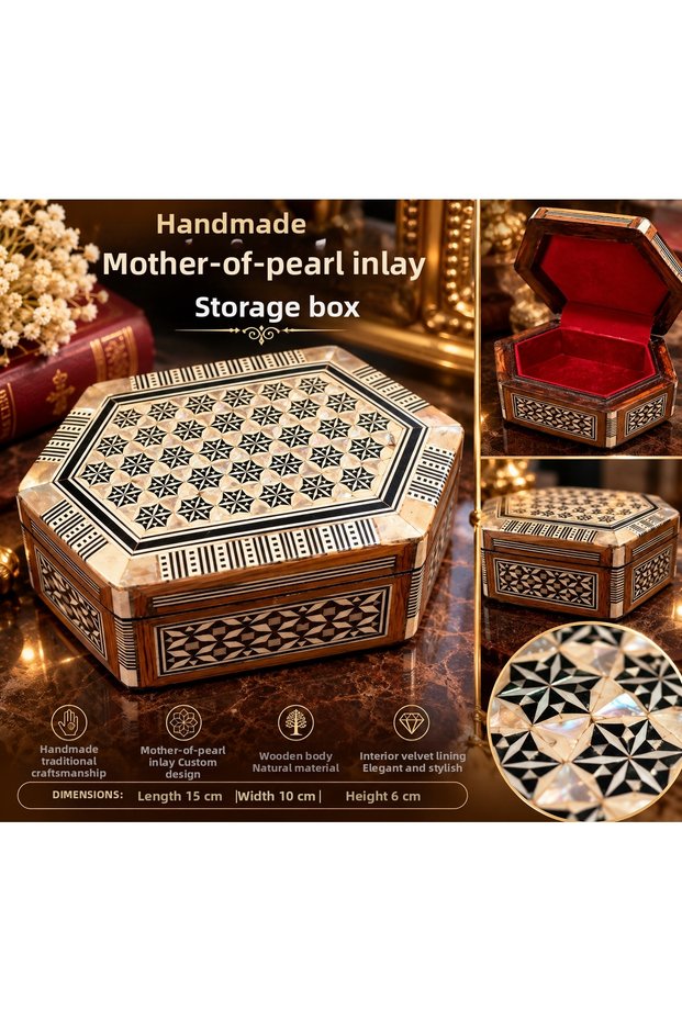 Handmade Wooden Inlaid Hexagonal Jewelry and Gemstone Storage Box – Velvet Interior Finish