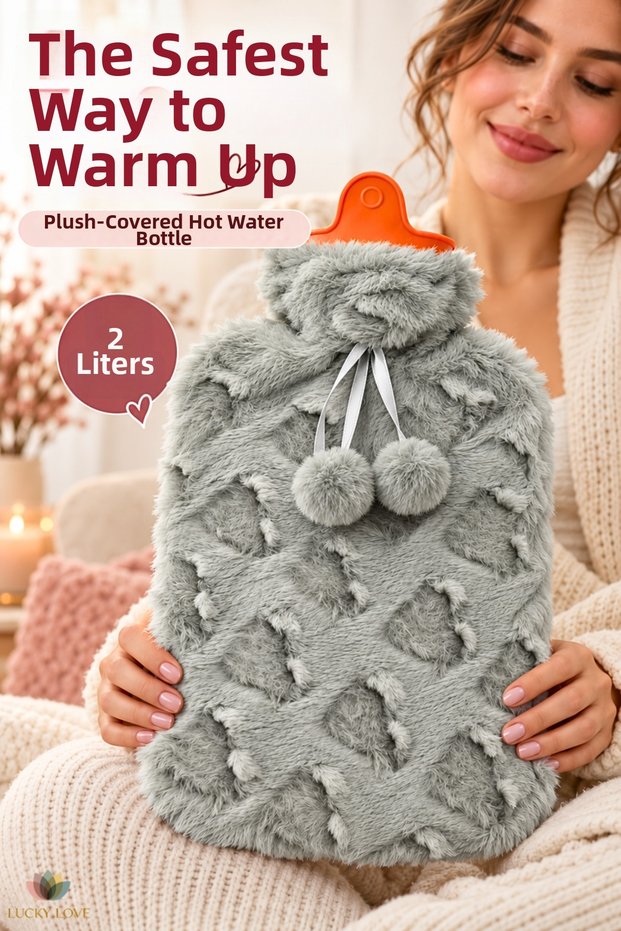 2 Liter Hot Water Bag with Plush Cover, Patterned, Soft Textured Thermofor 20X35 cm