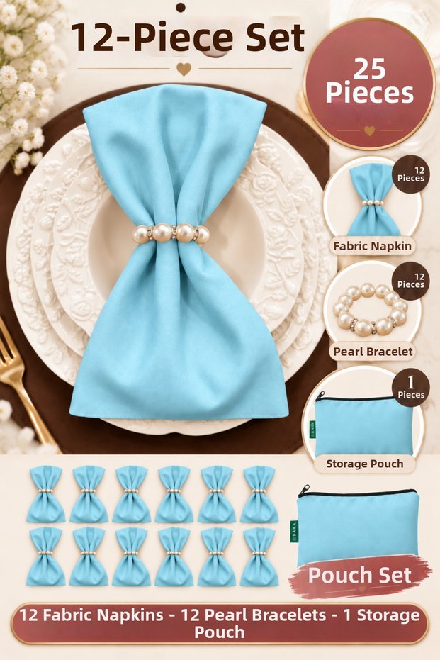 Turquoise Set of 12 Fabric Napkins 45X45Cm | 25 Pieces with Pearl Ring and Bag | Guest House and Dowry Tableware Presentation Napkin