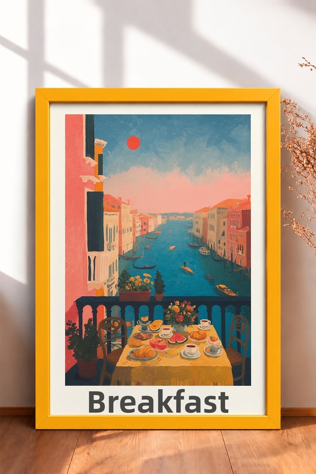 Colazione Breakfast at Sunset Framed Painting Italy Poster Wall Decor Itn027