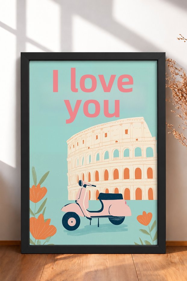 Ti Amo Written Colosseum and Classic Scooter Framed Painting Italy Poster Wall Decor Itn047