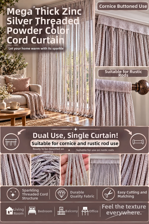 Ip Curtain Special Series Mega Thick Chain Silver Silvery Powder Color (100 * 300) Can Be Used with Cornices and Rustic Styles