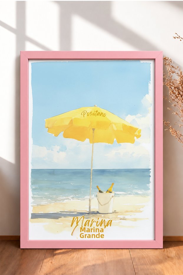 Positano Marina Grande Beach Umbrella Framed Painting Italy Poster Wall Decor Itn052