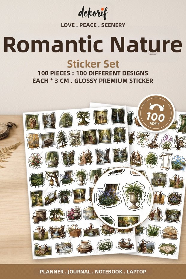 Romantic Nature Sticker Set 100 Pieces - Waterfalls, Lakes, and Couples Classic Agenda Journal Sticker