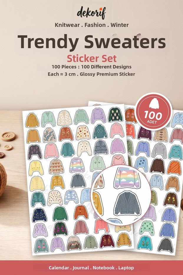 Colorful Cardigan Sticker Set 100 Pieces - Knitted Sweater and Winter Outfit Agenda Journal Notebook Stickers